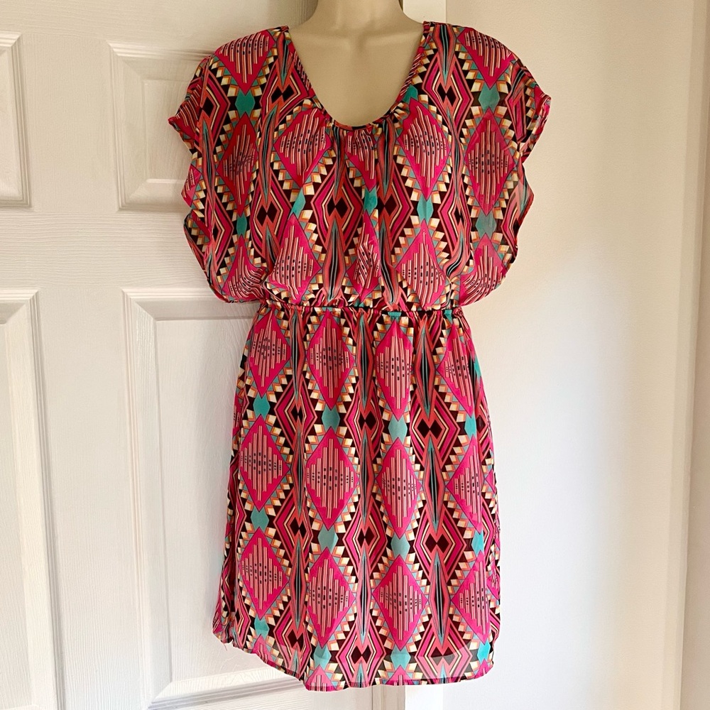 Francesca’s Miami Southwestern Batwing Sleeves Sun Dress Pink Blue Yellow M